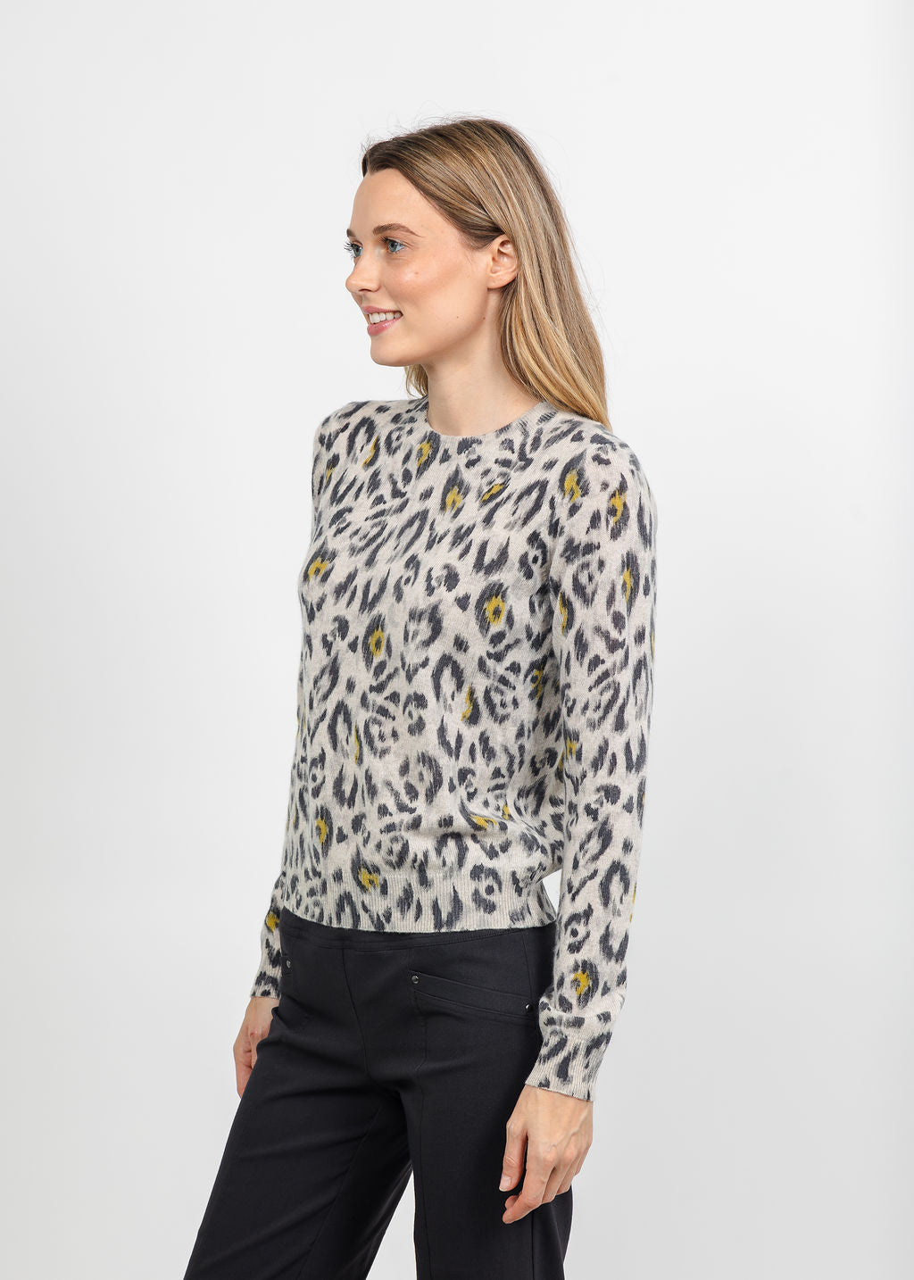 Kinross Animal Print Crew Sweater - Agate available at Barbara Katz