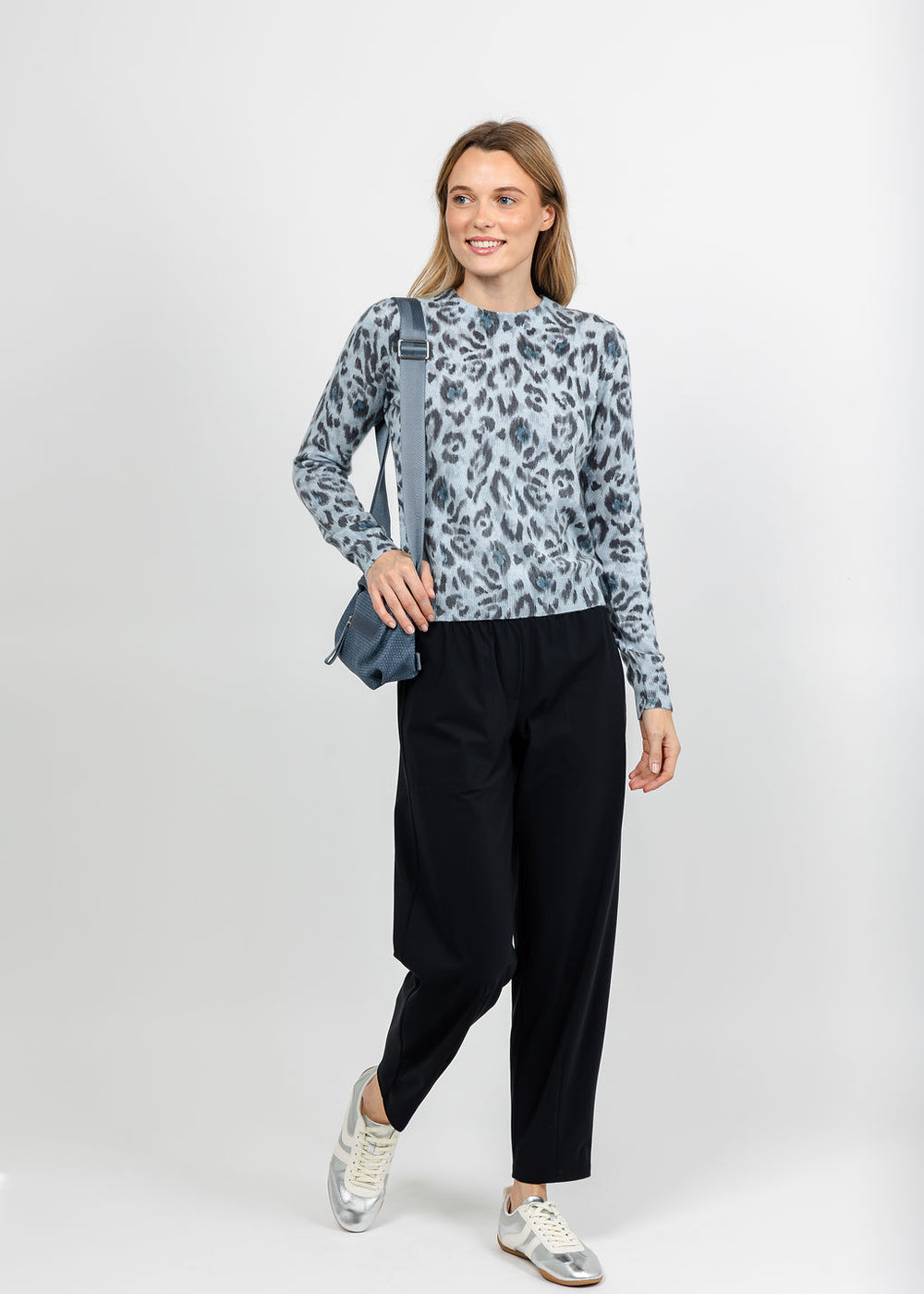 Kinross Animal Print Crew Sweater - Horizon paired with Elliott Lauren Prime Time Tapered Pant in Navy available at Barbara Katz