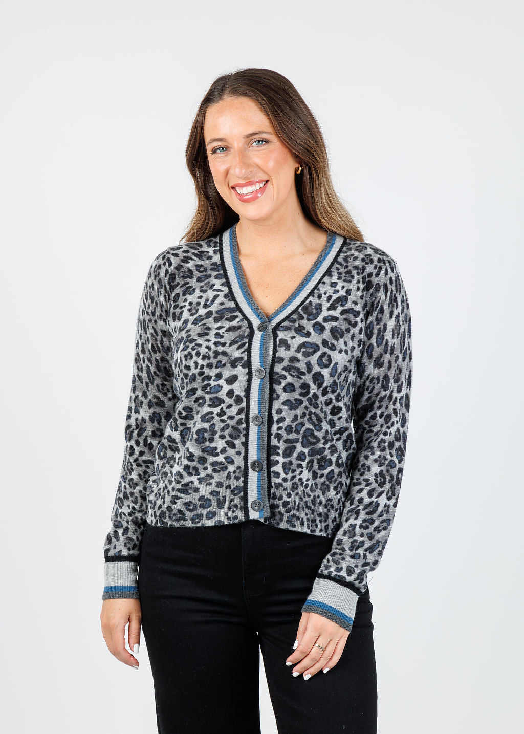 Kinross Aria Tipped Leopard Cardigan in Sterling Multi available at Barbara Katz
