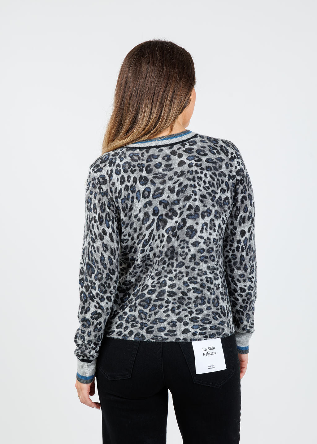 Kinross Aria Tipped Leopard Cardigan in Sterling Multi available at Barbara Katz