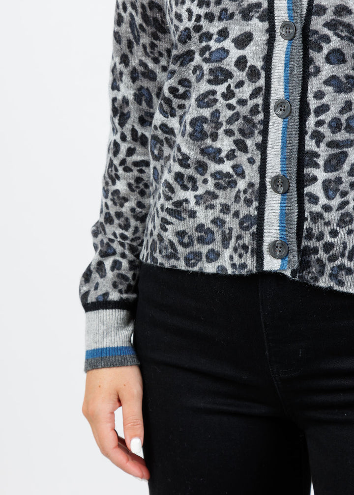 Kinross Aria Tipped Leopard Cardigan in Sterling Multi available at Barbara Katz