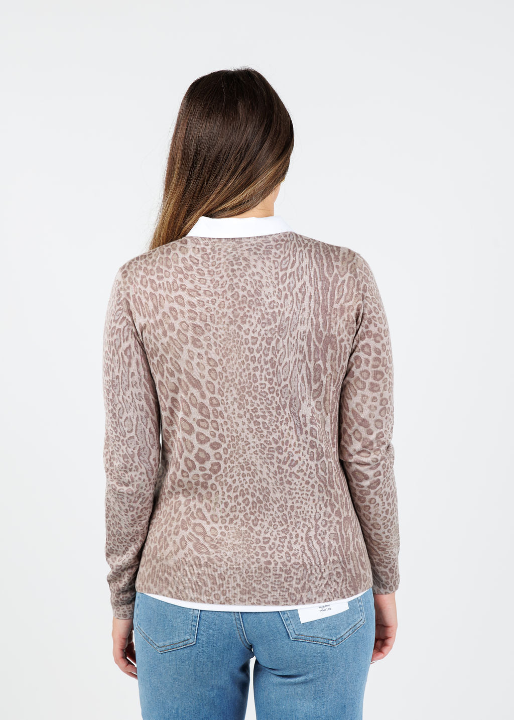 Kinross Bella Leopard Print Crew Sweater in Taupe Multi available at Barbara Katz