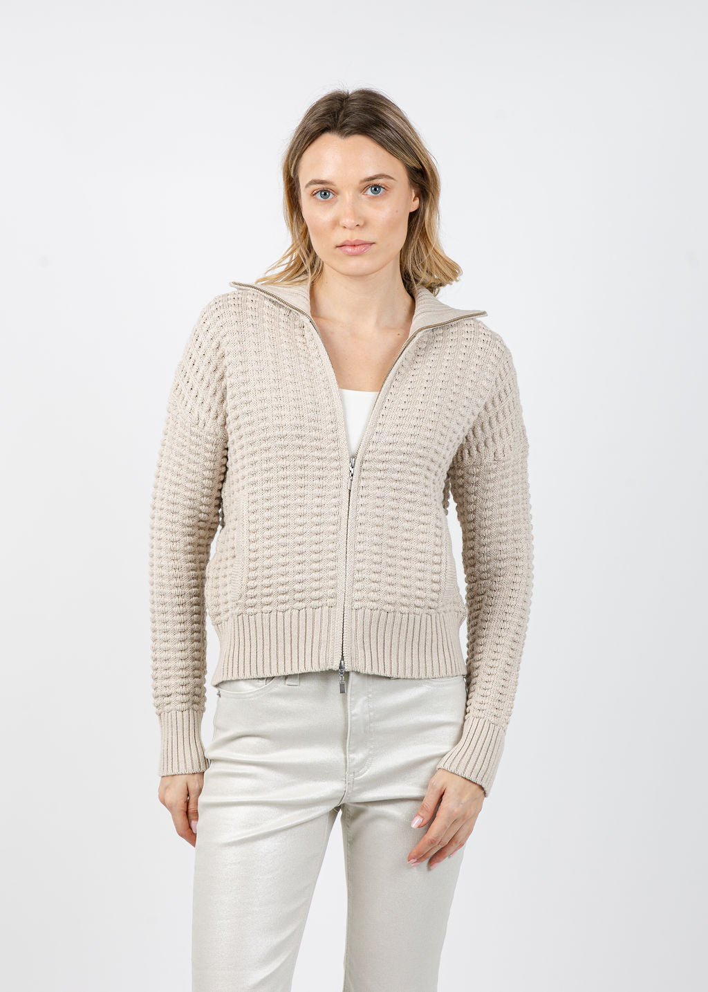 Kinross Bobble Zip Cardigan in Dune available at Barbara Katz