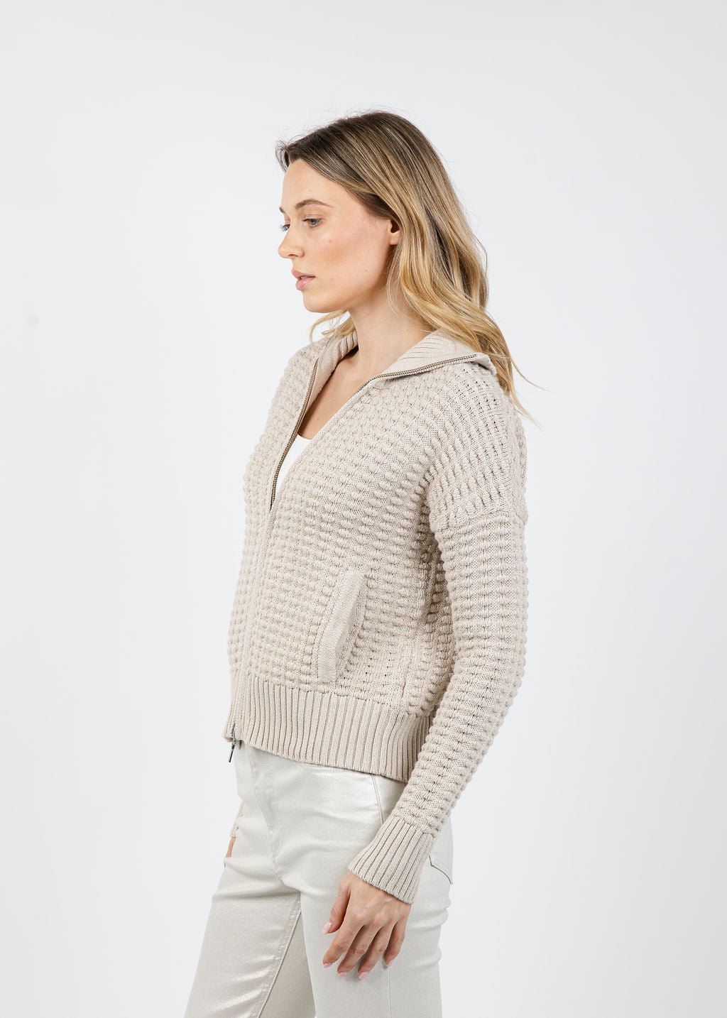 Kinross Bobble Zip Cardigan in Dune available at Barbara Katz