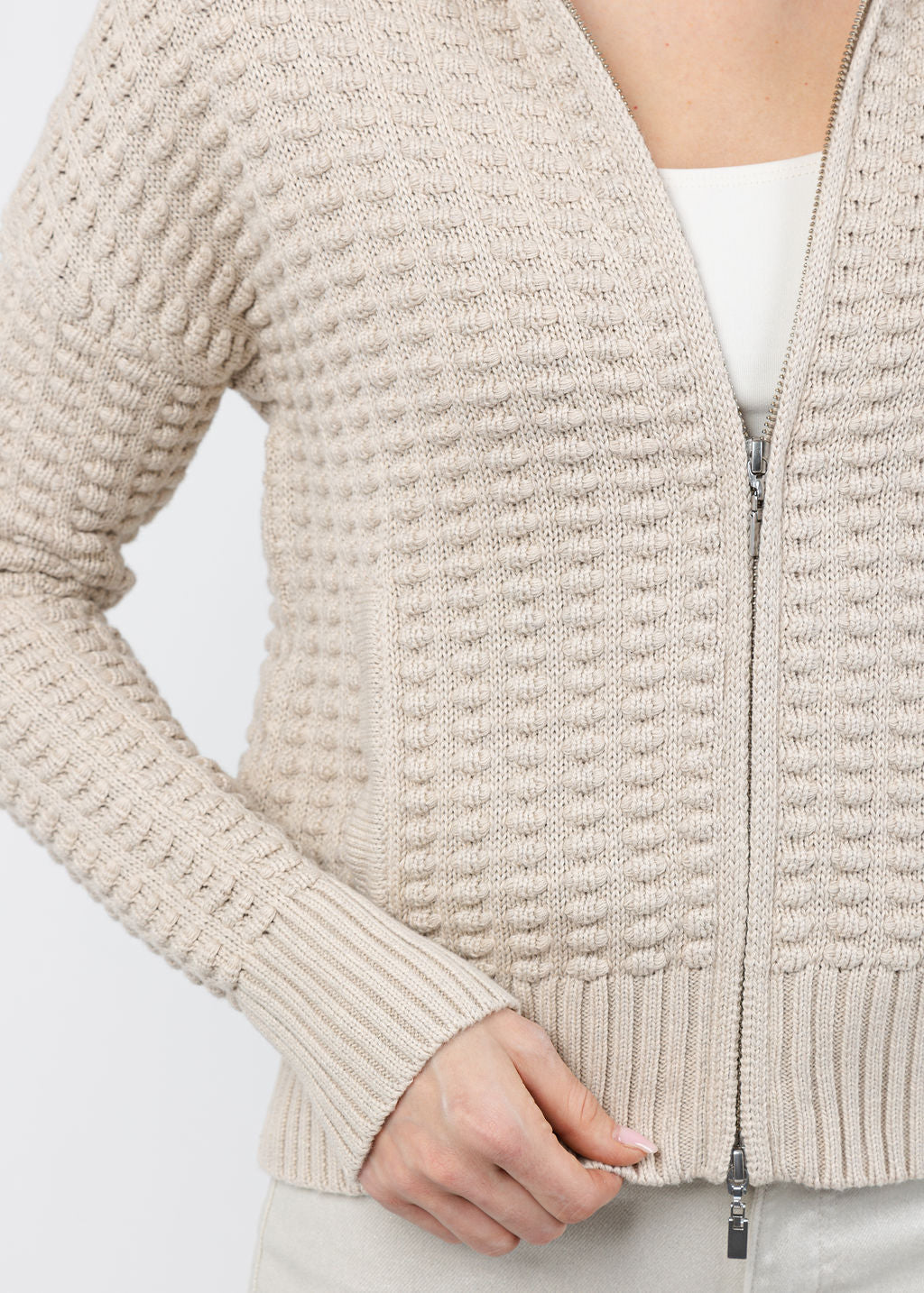 Kinross Bobble Zip Cardigan in Dune available at Barbara Katz