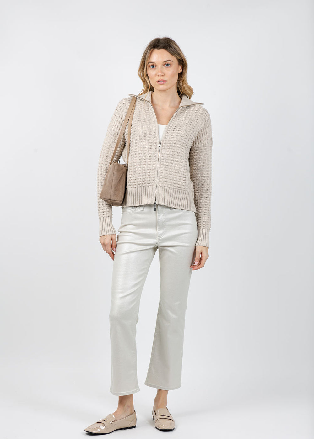 Kinross Bobble Zip Cardigan in Dune available at Barbara Katz