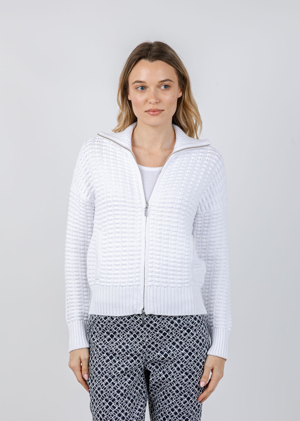 Kinross Bobble Zip Cardigan in White available at Barbara Katz