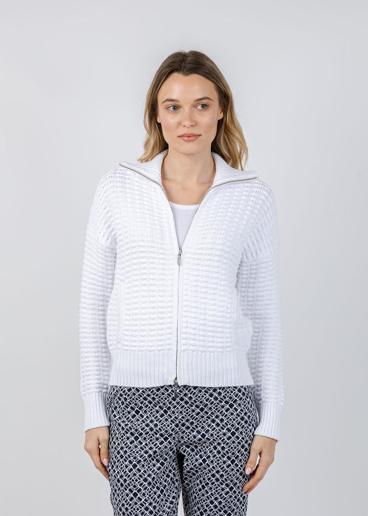 Kinross Bobble Zip Cardigan in White available at Barbara Katz