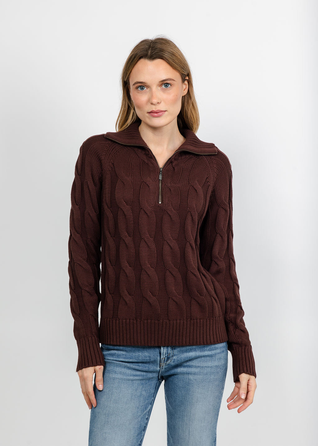 Kinross Cable Zip Mock Sweater - Chocolate available at Barbara Katz