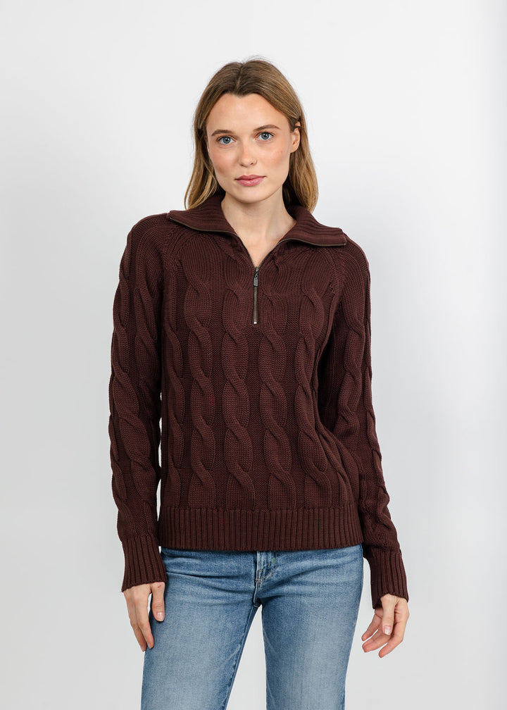 Kinross Cable Zip Mock Sweater - Chocolate available at Barbara Katz