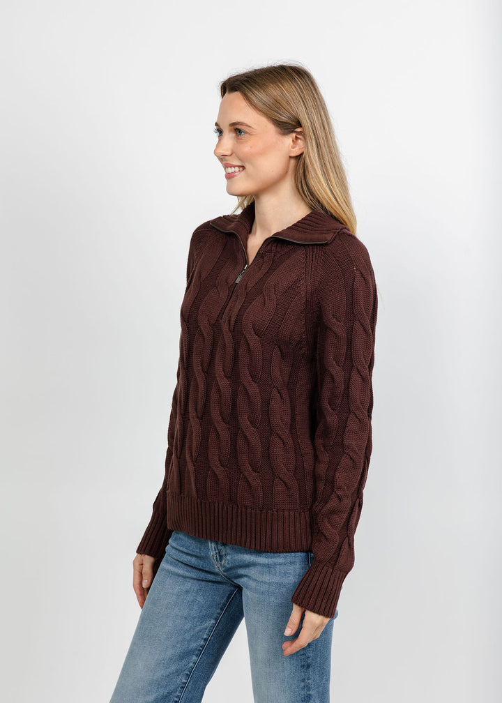 Kinross Cable Zip Mock Sweater - Chocolate available at Barbara Katz