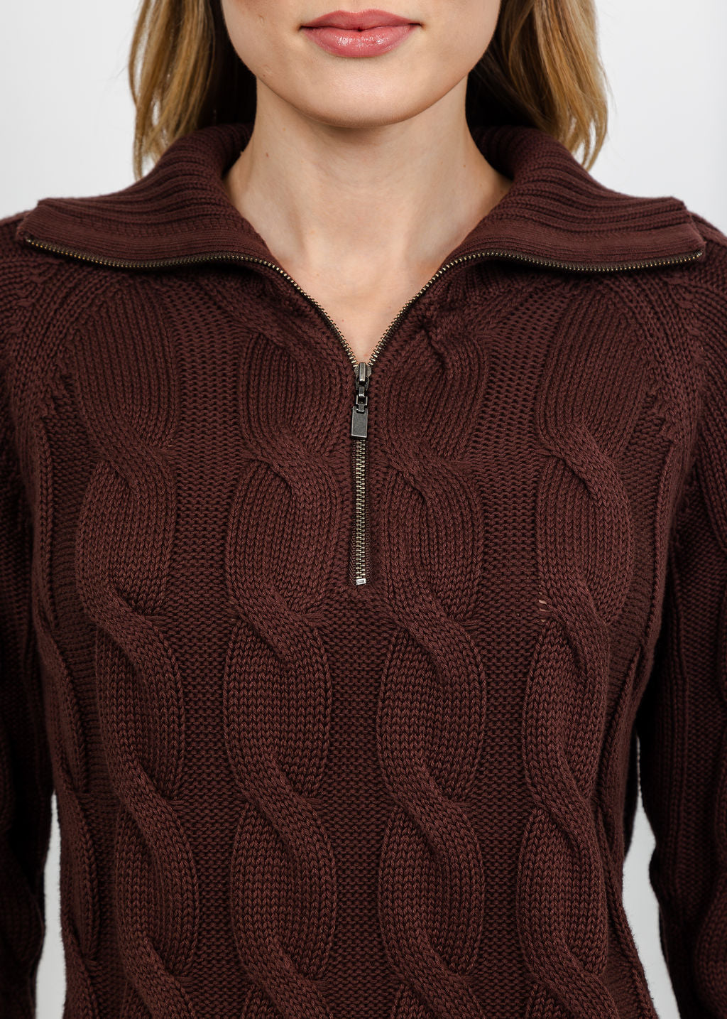 Kinross Cable Zip Mock Sweater - Chocolate available at Barbara Katz