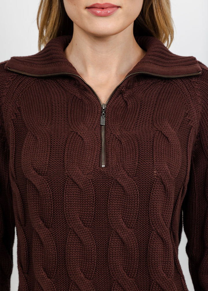 Kinross Cable Zip Mock Sweater - Chocolate available at Barbara Katz