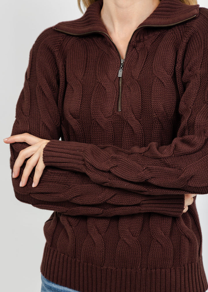 Kinross Cable Zip Mock Sweater - Chocolate available at Barbara Katz