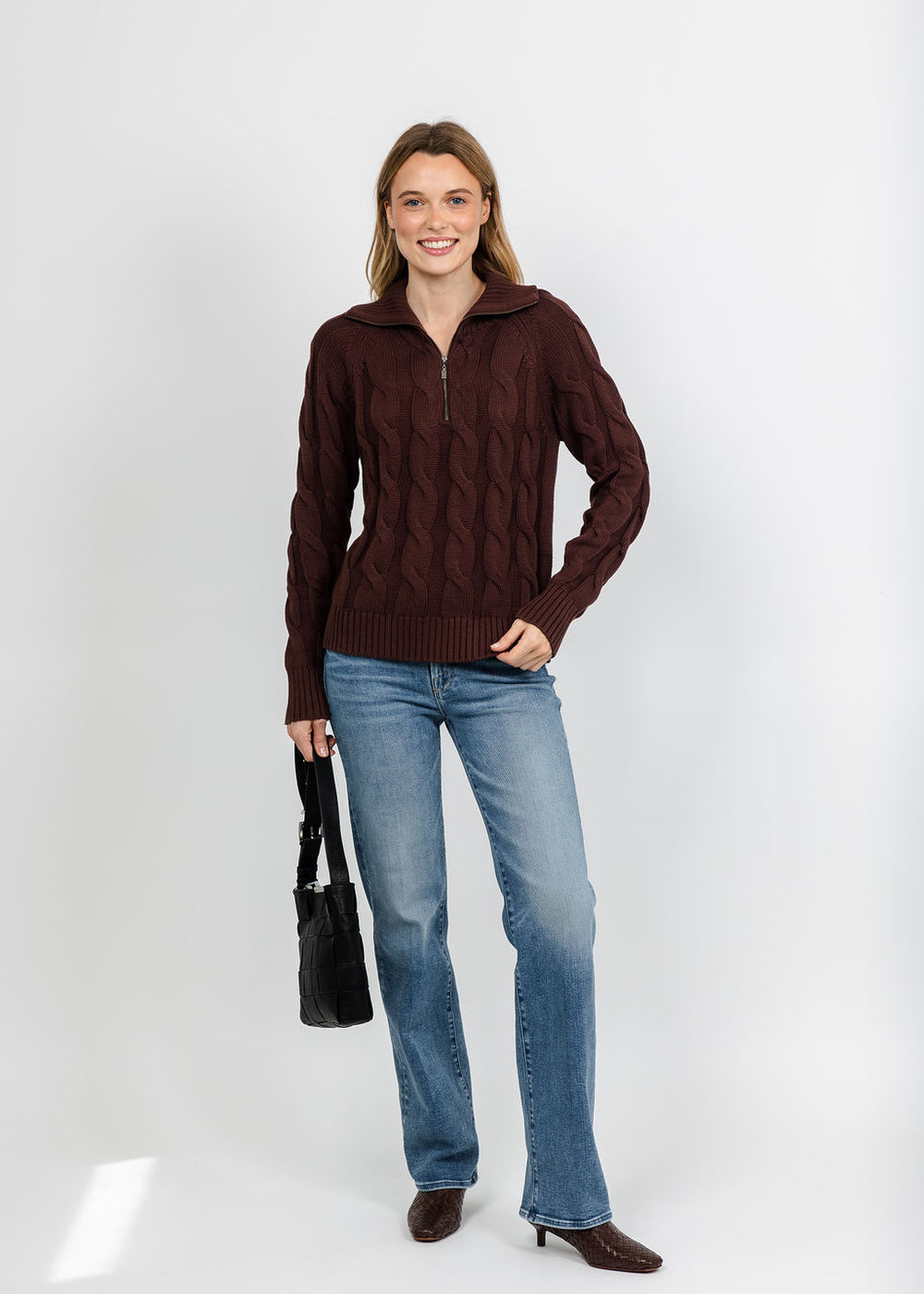 Kinross Cable Zip Mock Sweater - Chocolate available at Barbara Katz