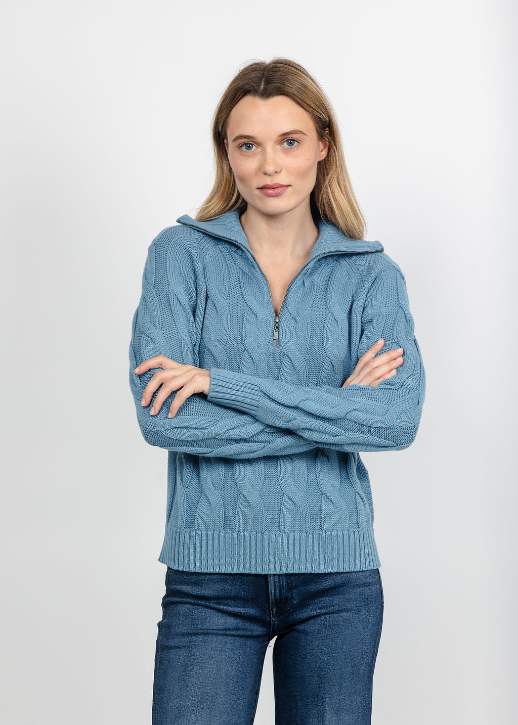Kinross Cable Zip Mock Sweater - Loch available at Barbara Katz