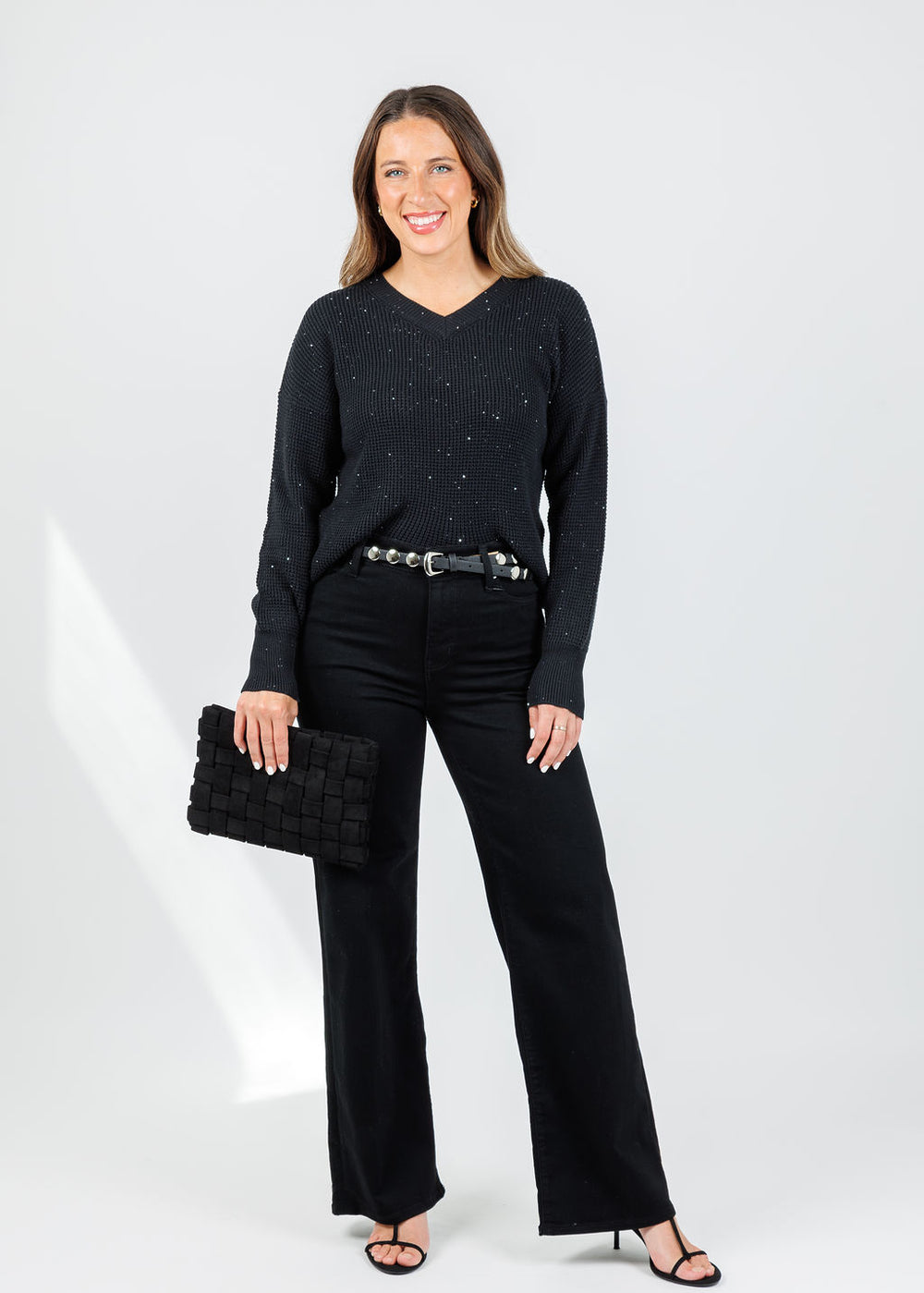 Kinross Cameron Thermal Sequin Vee Sweater in Black available at Barbara Katz