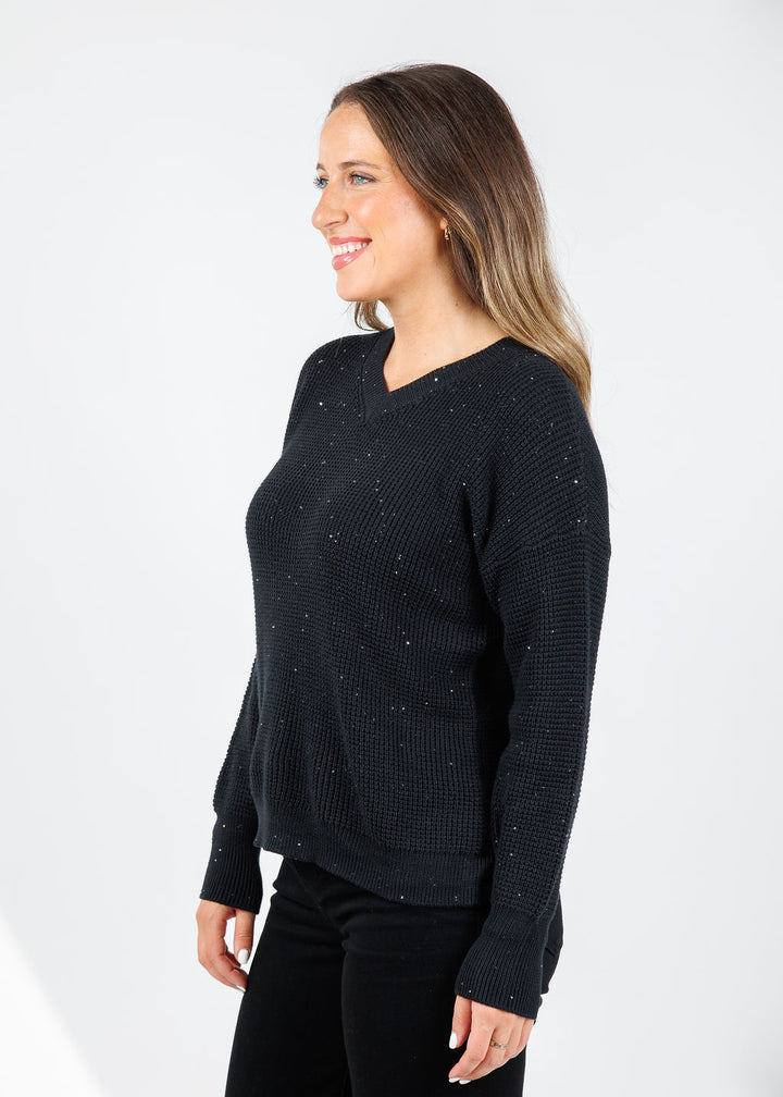 Kinross Cameron Thermal Sequin Vee Sweater in Black available at Barbara Katz
