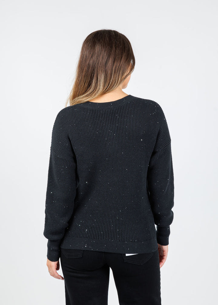 Kinross Cameron Thermal Sequin Vee Sweater in Black available at Barbara Katz