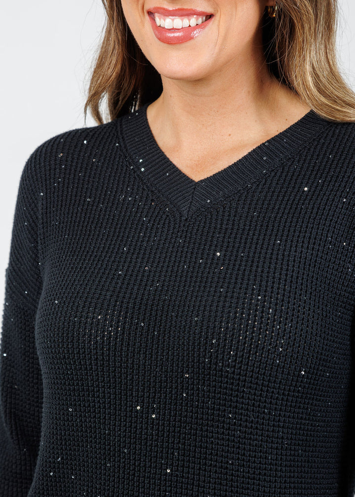 Kinross Cameron Thermal Sequin Vee Sweater in Black available at Barbara Katz
