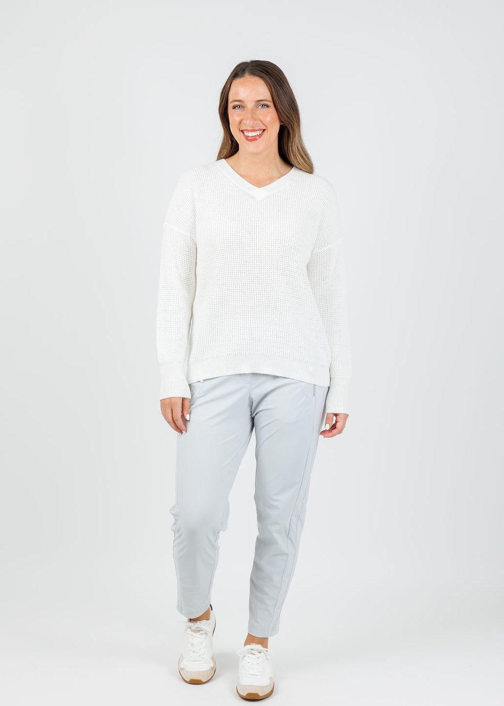 Kinross Cameron Thermal Sequin Vee Sweater in Cream available at Barbara Katz
