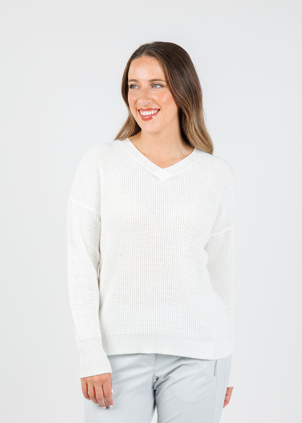 Kinross Cameron Thermal Sequin Vee Sweater in Cream available at Barbara Katz