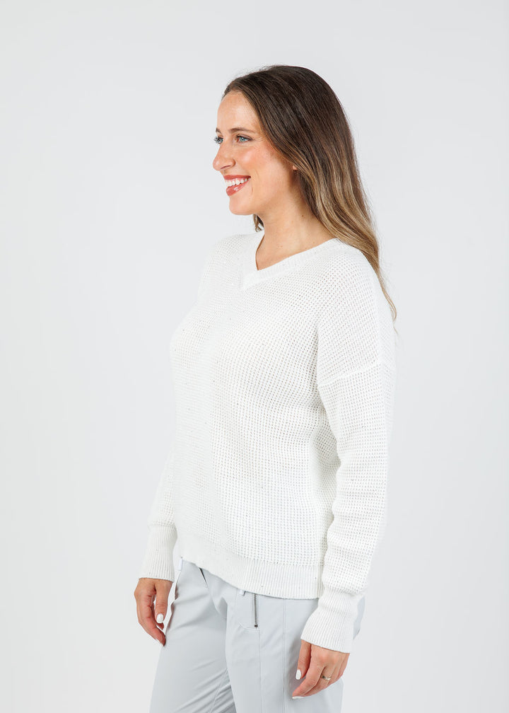 Kinross Cameron Thermal Sequin Vee Sweater in Cream available at Barbara Katz