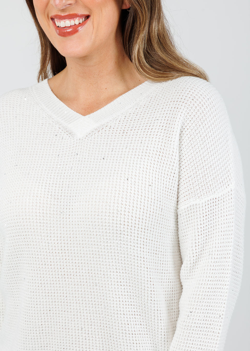 Kinross Cameron Thermal Sequin Vee Sweater in Cream available at Barbara Katz