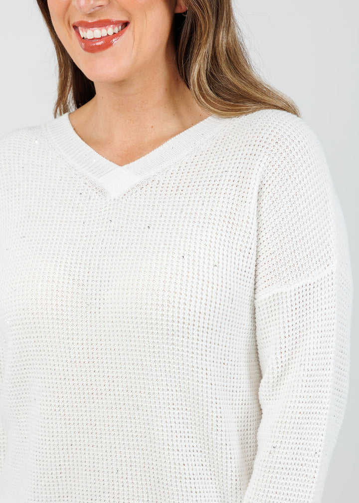Kinross Cameron Thermal Sequin Vee Sweater in Cream available at Barbara Katz