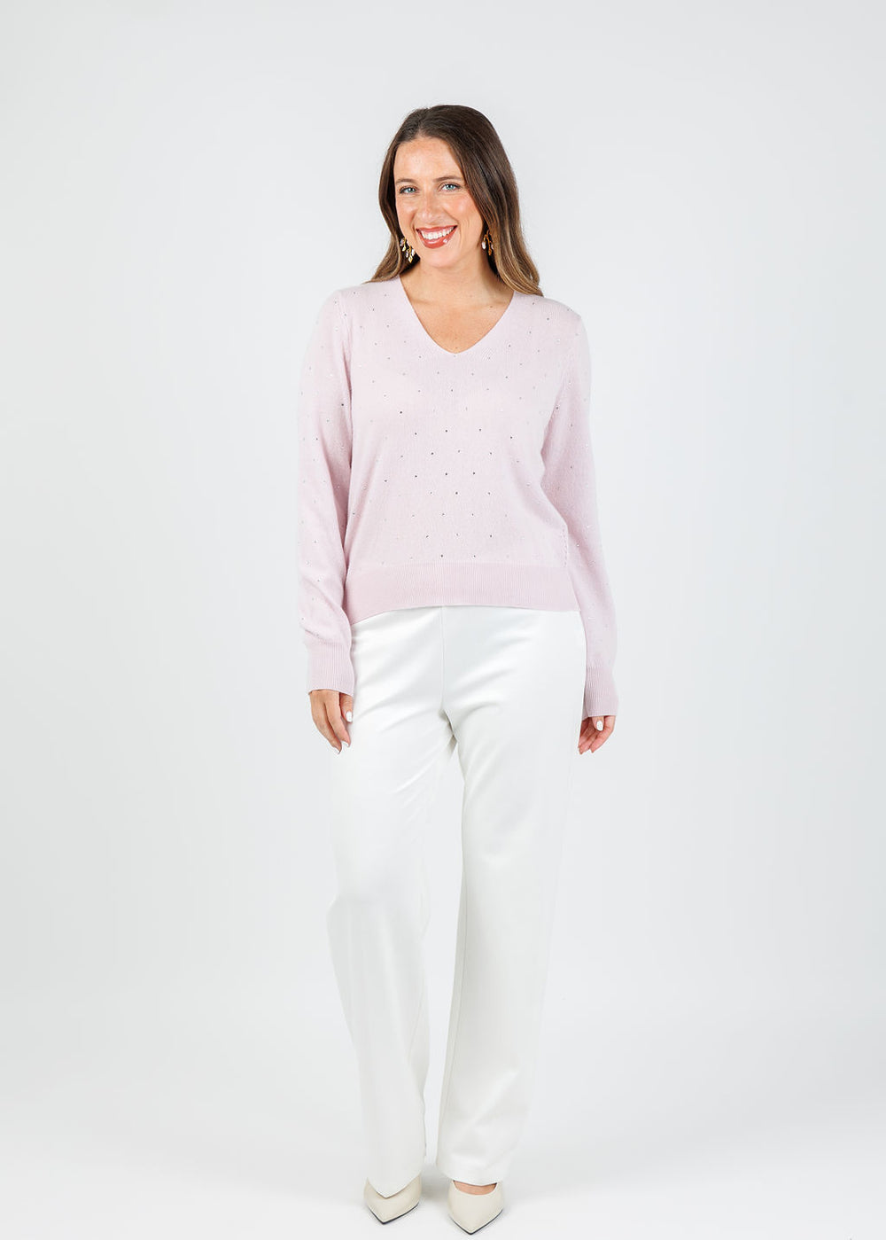 Kinross Ceci Crystal Vee Sweater in Ballet available at Barbara Katz
