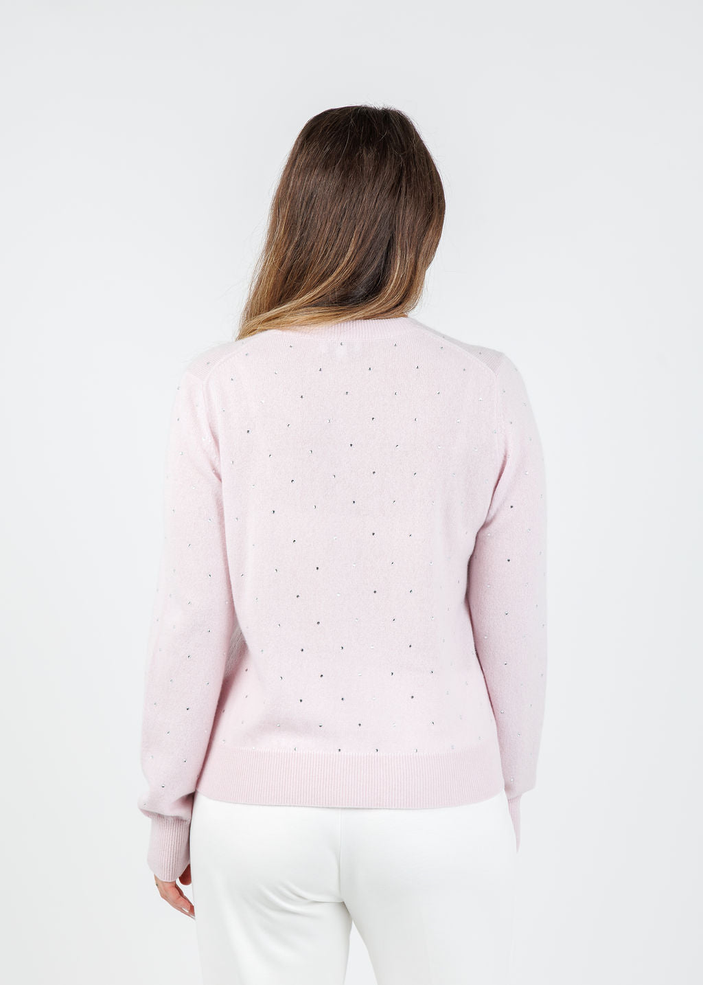 Kinross Ceci Crystal Vee Sweater in Ballet available at Barbara Katz