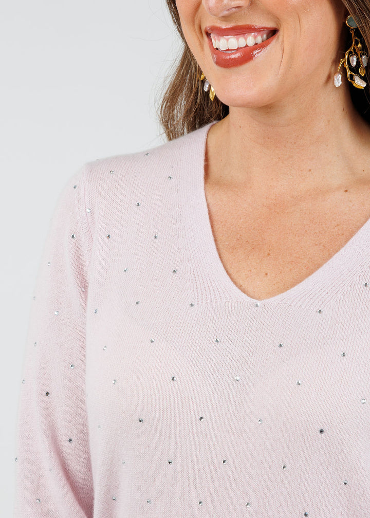 Kinross Ceci Crystal Vee Sweater in Ballet available at Barbara Katz
