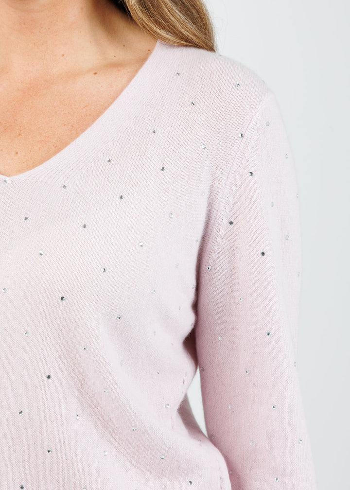 Kinross Ceci Crystal Vee Sweater in Ballet available at Barbara Katz