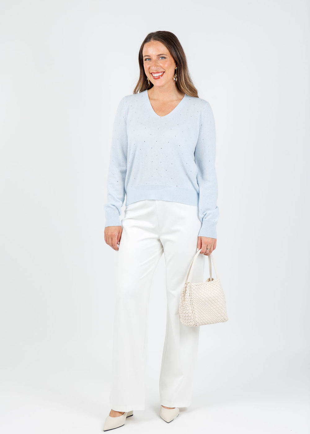 Kinross Ceci Crystal Vee Sweater in Ice Blue available at Barbara Katz