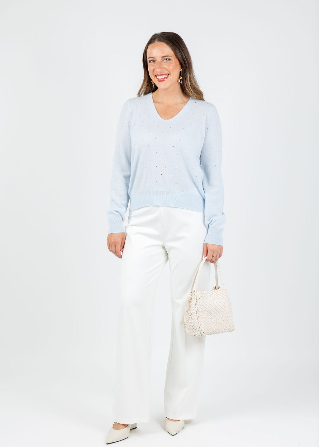 Kinross Ceci Crystal Vee Sweater in Ice Blue available at Barbara Katz