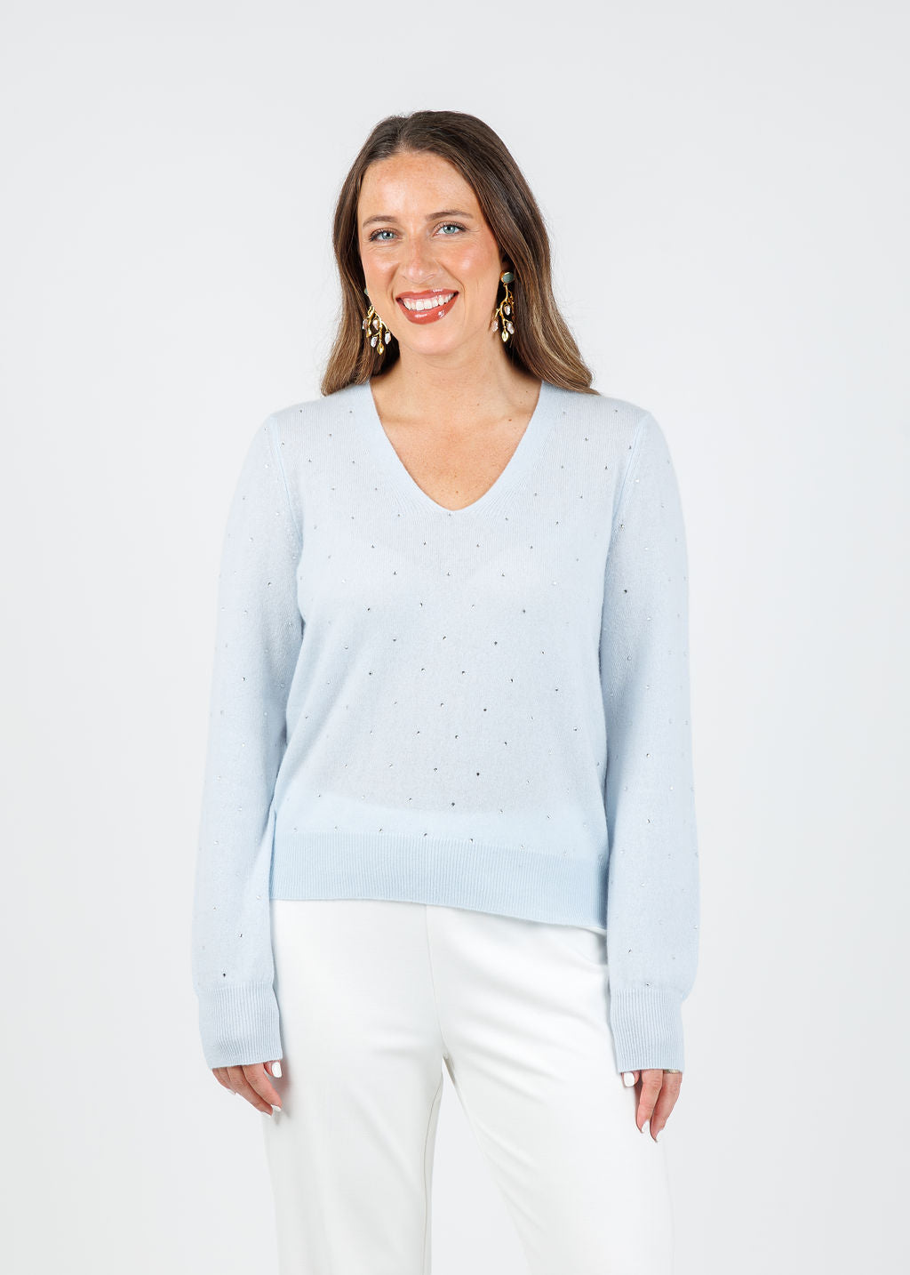 Kinross Ceci Crystal Vee Sweater in Ice Blue available at Barbara Katz