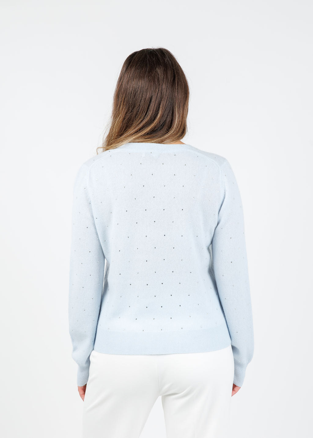 Kinross Ceci Crystal Vee Sweater in Ice Blue available at Barbara Katz