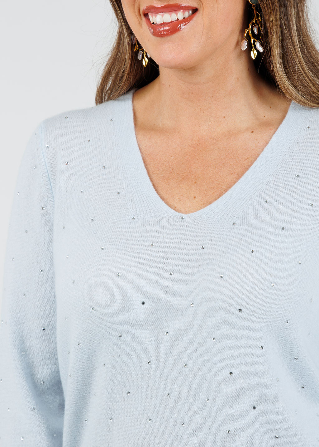 Kinross Ceci Crystal Vee Sweater in Ice Blue available at Barbara Katz