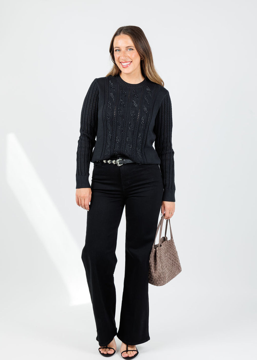 Kinross Chloe Crystal Cable Crew Sweater in Black available at Barbara Katz