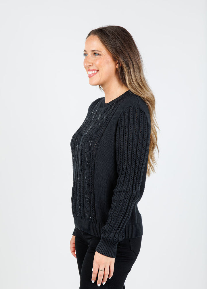 Kinross Chloe Crystal Cable Crew Sweater in Black available at Barbara Katz