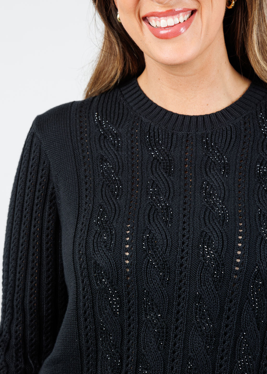 Kinross Chloe Crystal Cable Crew Sweater in Black available at Barbara Katz