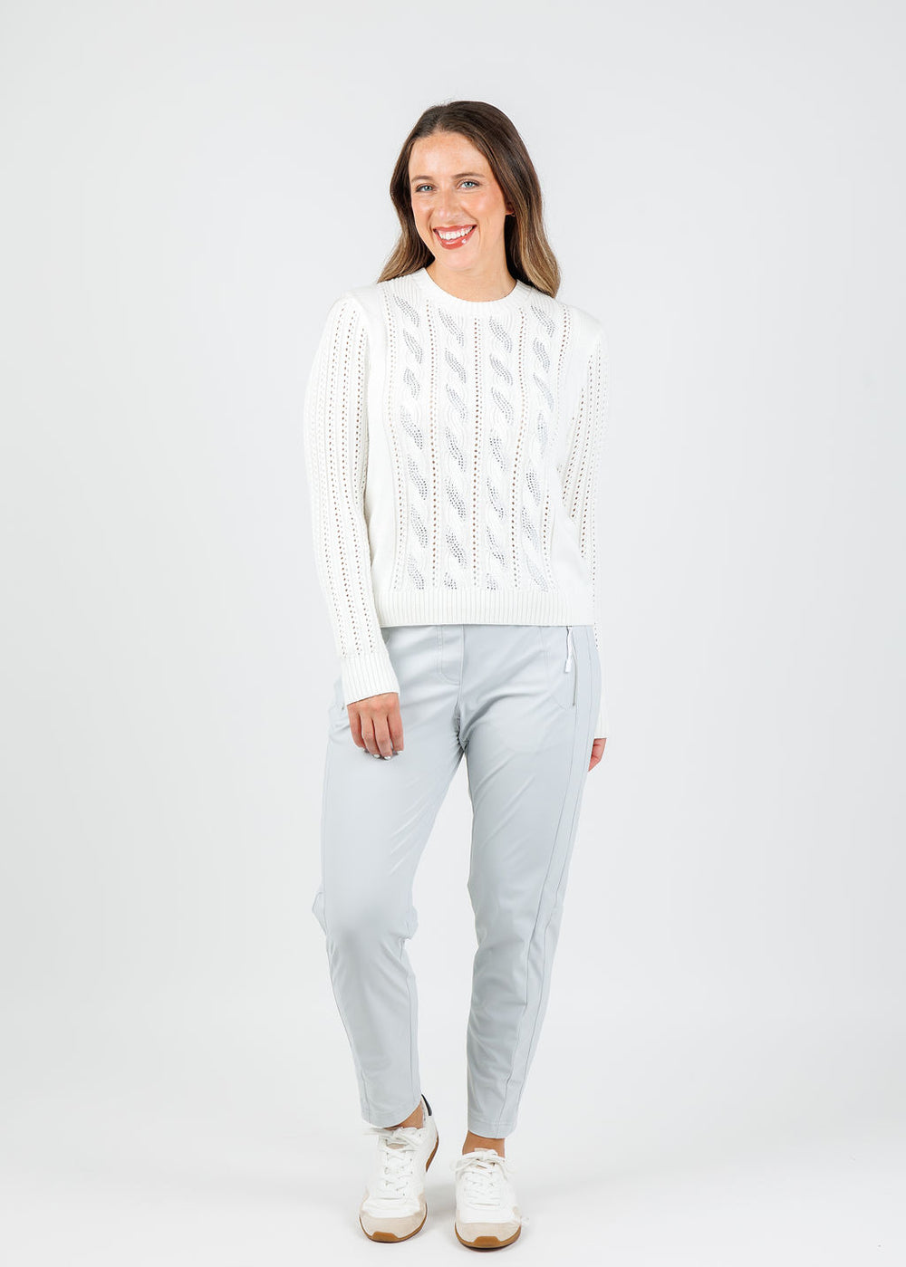 Kinross Chloe Crystal Cable Crew Sweater in Cream available at Barbara Katz