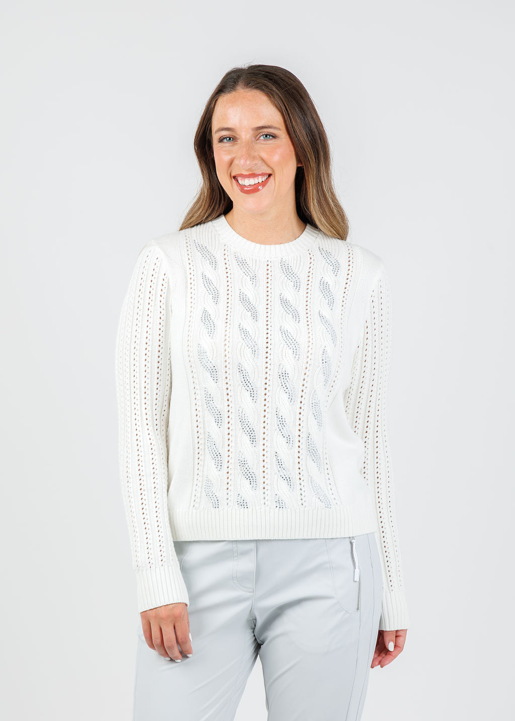 Kinross Chloe Crystal Cable Crew Sweater in Cream available at Barbara Katz