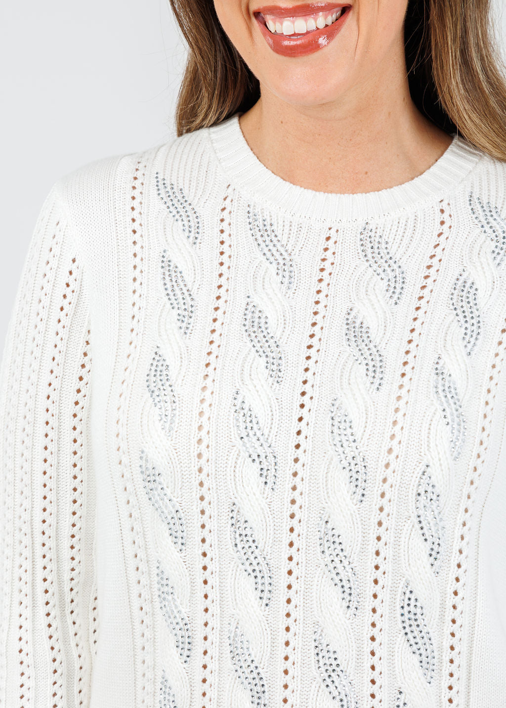 Kinross Chloe Crystal Cable Crew Sweater in Cream available at Barbara Katz