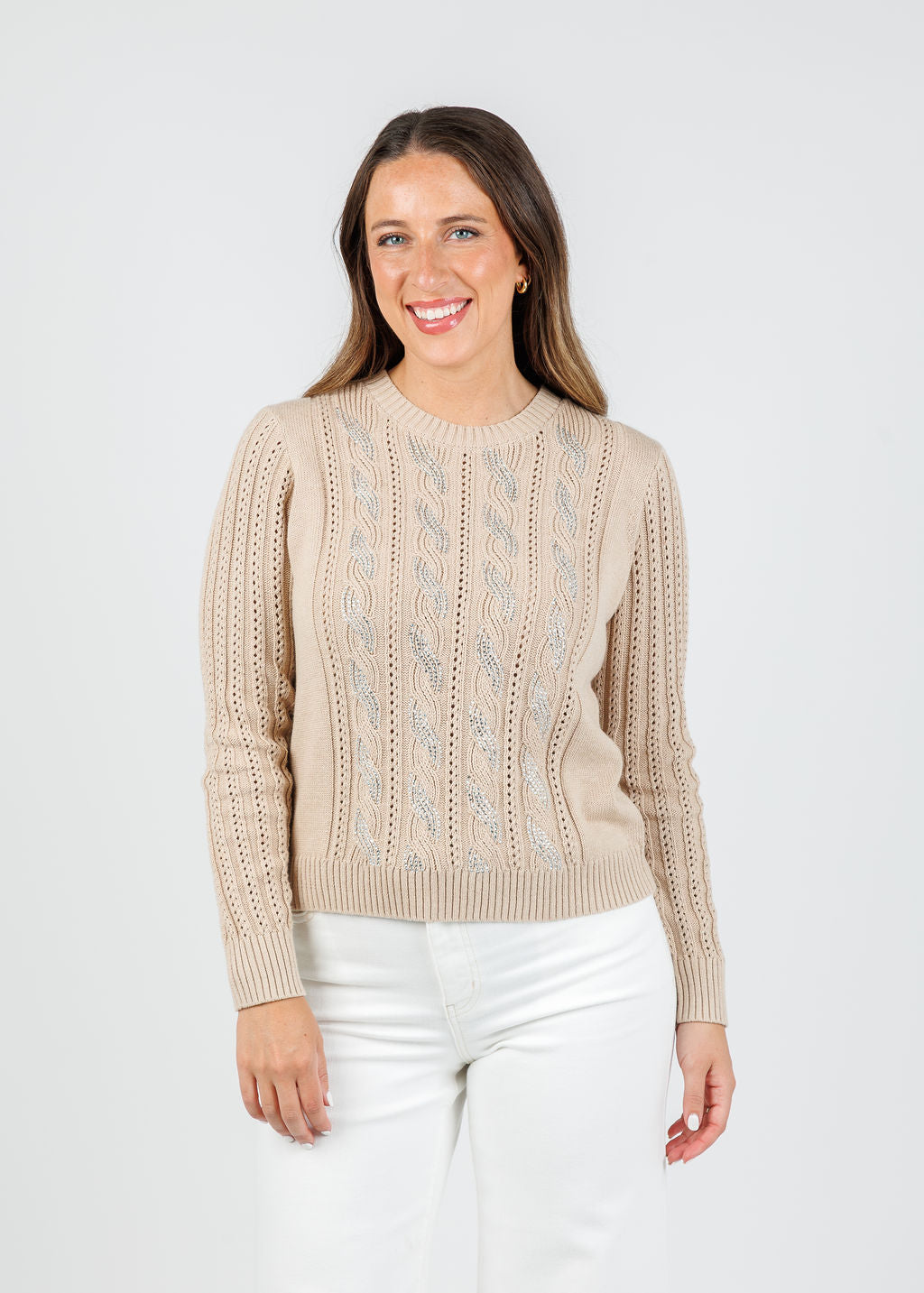 Kinross Chloe Crystal Cable Crew Sweater in Latte available at Barbara Katz
