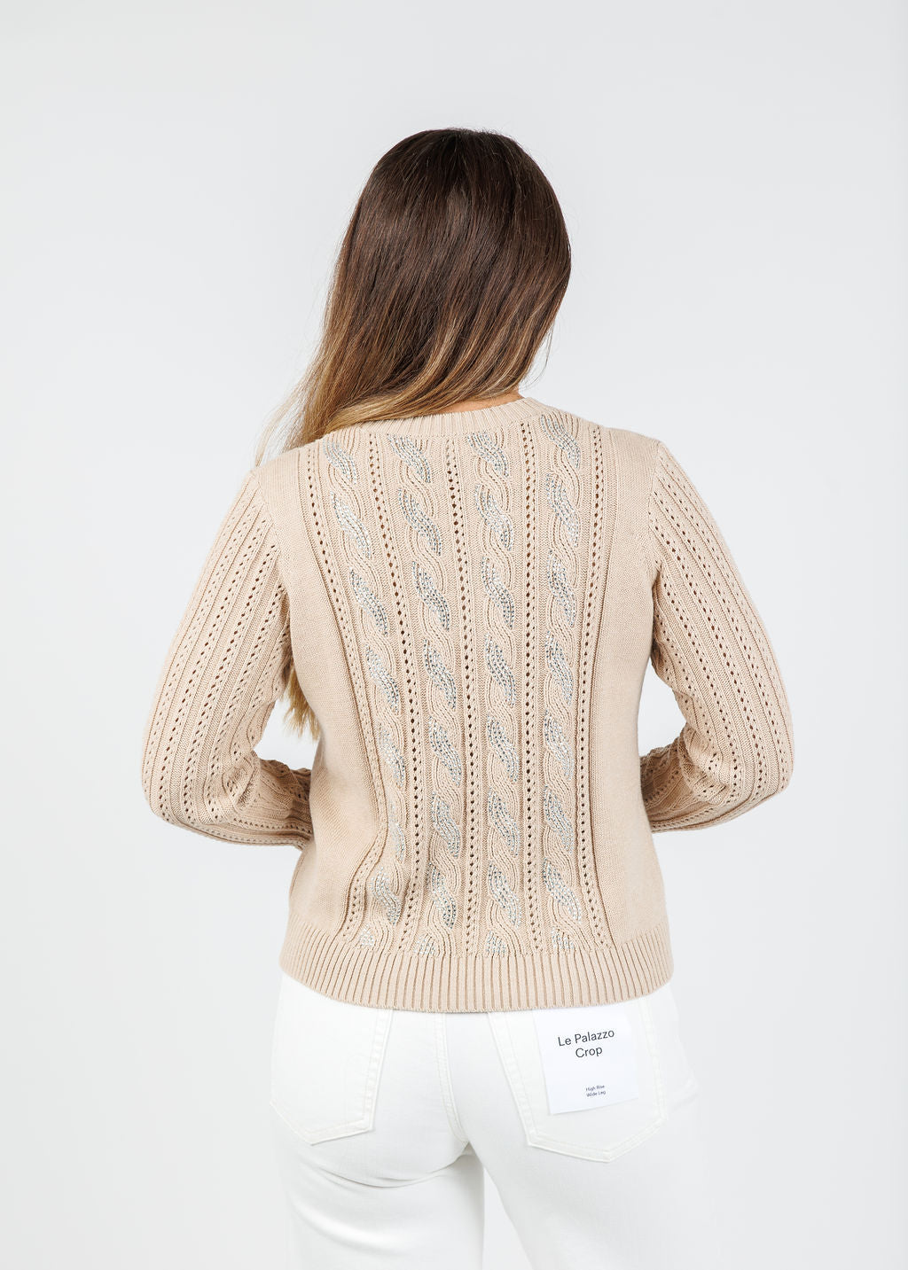Chloe Crystal Cable Crew Sweater - Latte