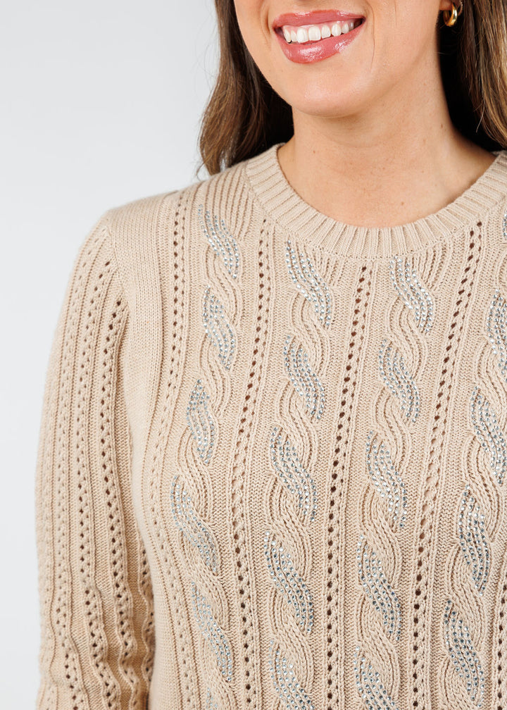 Kinross Chloe Crystal Cable Crew Sweater in Latte available at Barbara Katz