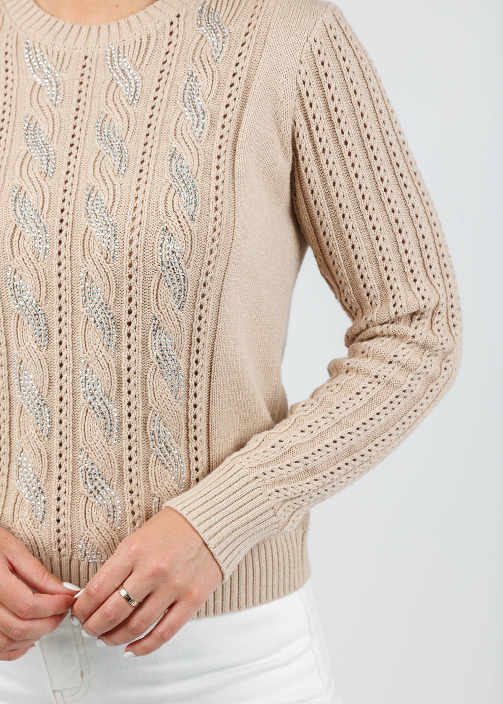 Kinross Chloe Crystal Cable Crew Sweater in Latte available at Barbara Katz