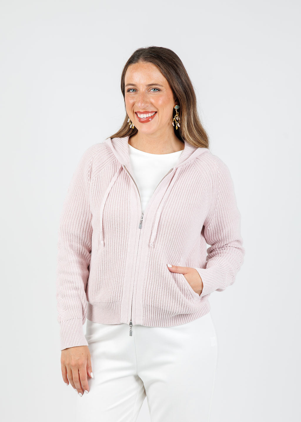 Kinross Claire Cable & Rib Zip Hoodie in Ballet available at Barbara Katz