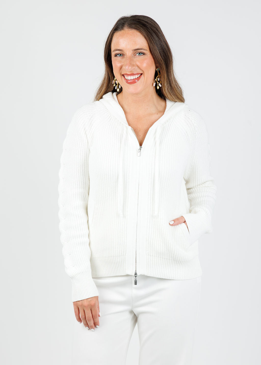 Kinross Claire Cable & Rib Zip Hoodie in Cream available at Barbara Katz